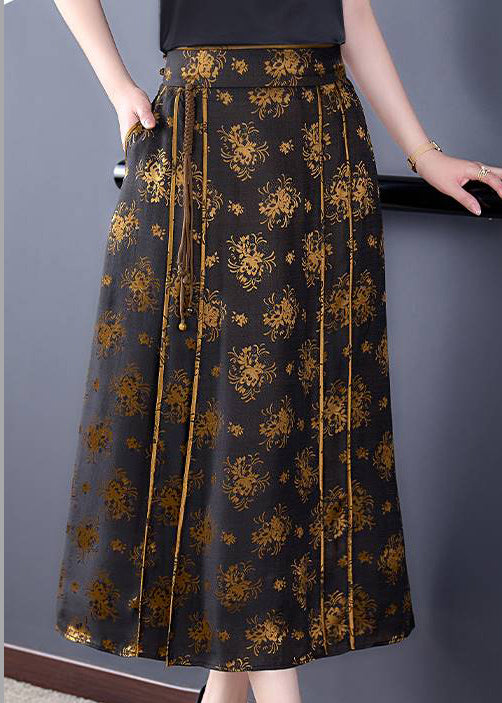 Print High Waist Tie Waist Pockets Silk a Line Skirt Fall