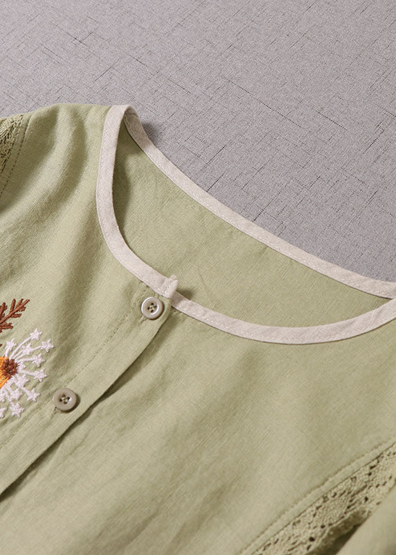 Light Green O-neck Embroideried Patchwork Dress Spring