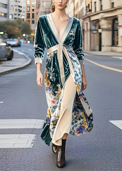 Peacock Green Cinched Print Side Open Silk Velour Dresses Spring