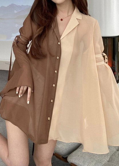 Peter Pan Collar Patchwork Button Chiffon Shirts Flare Sleeve