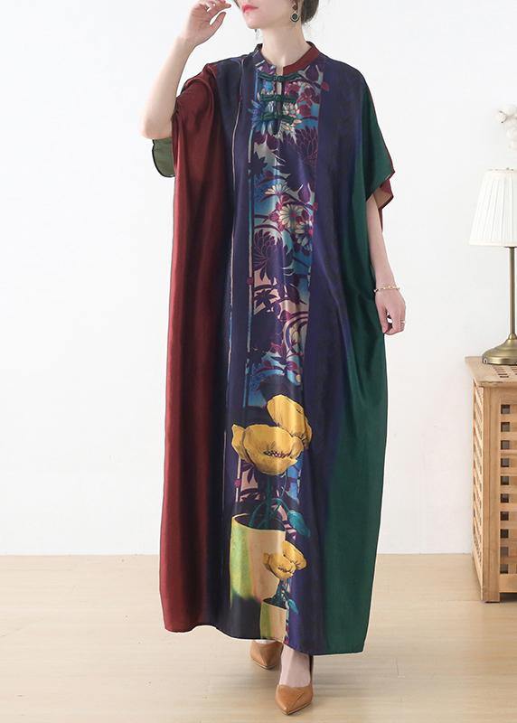 Red Purple Green Print Batwing Sleeve Mid Summer Chiffon Dress