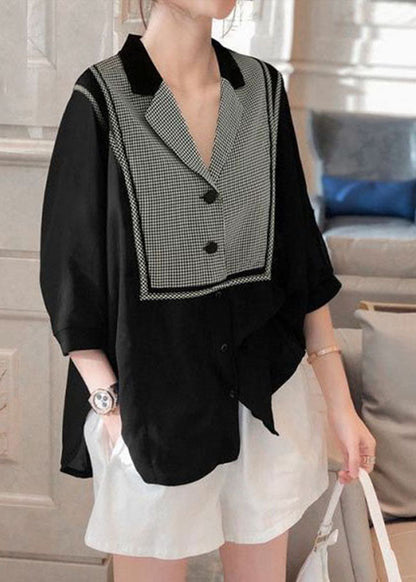 Black Peter Pan Collar Plaid Patchwork Shirt Top Three Quarter Sleeve