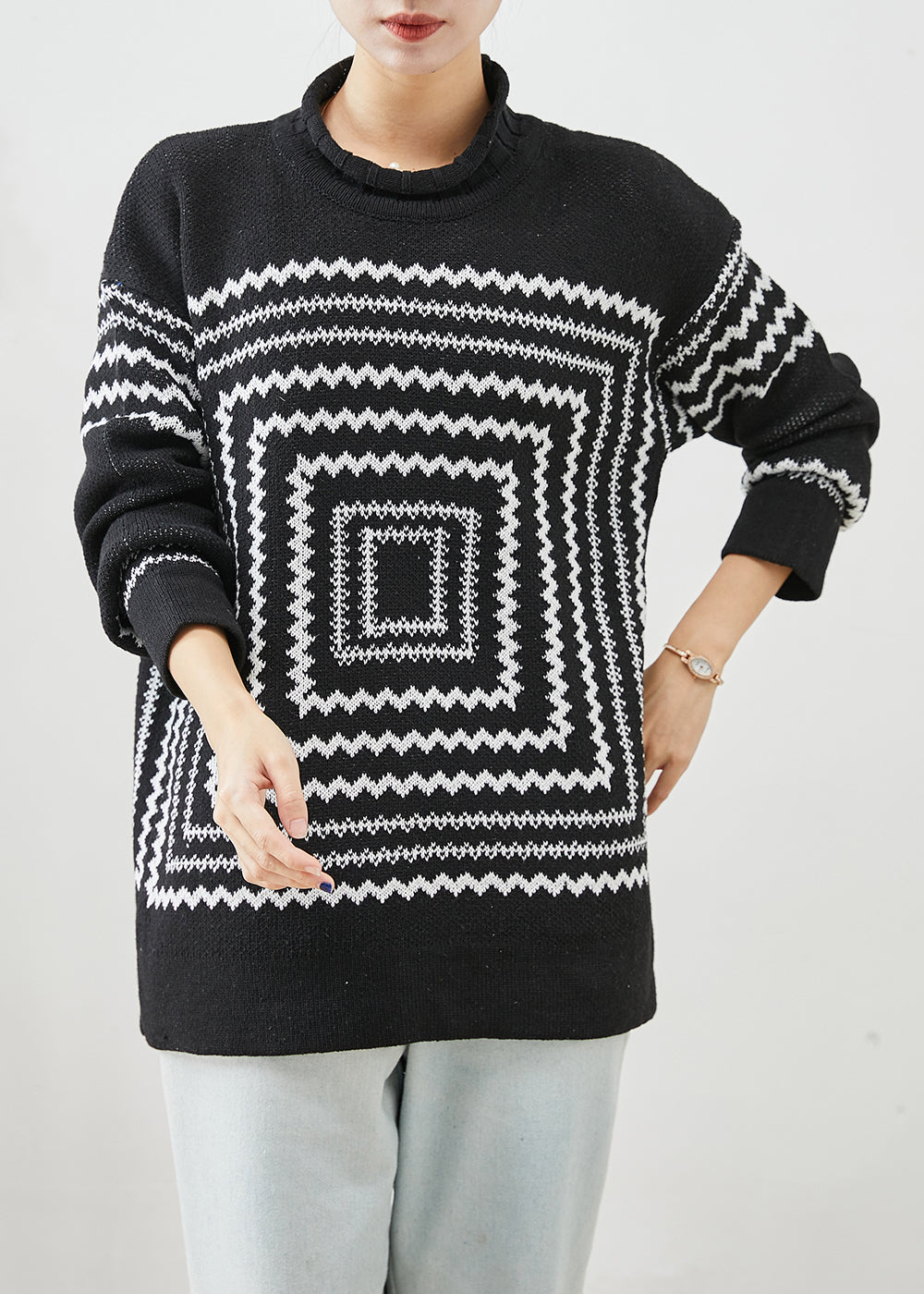 Black Oversized Print Knit Sweaters Winter