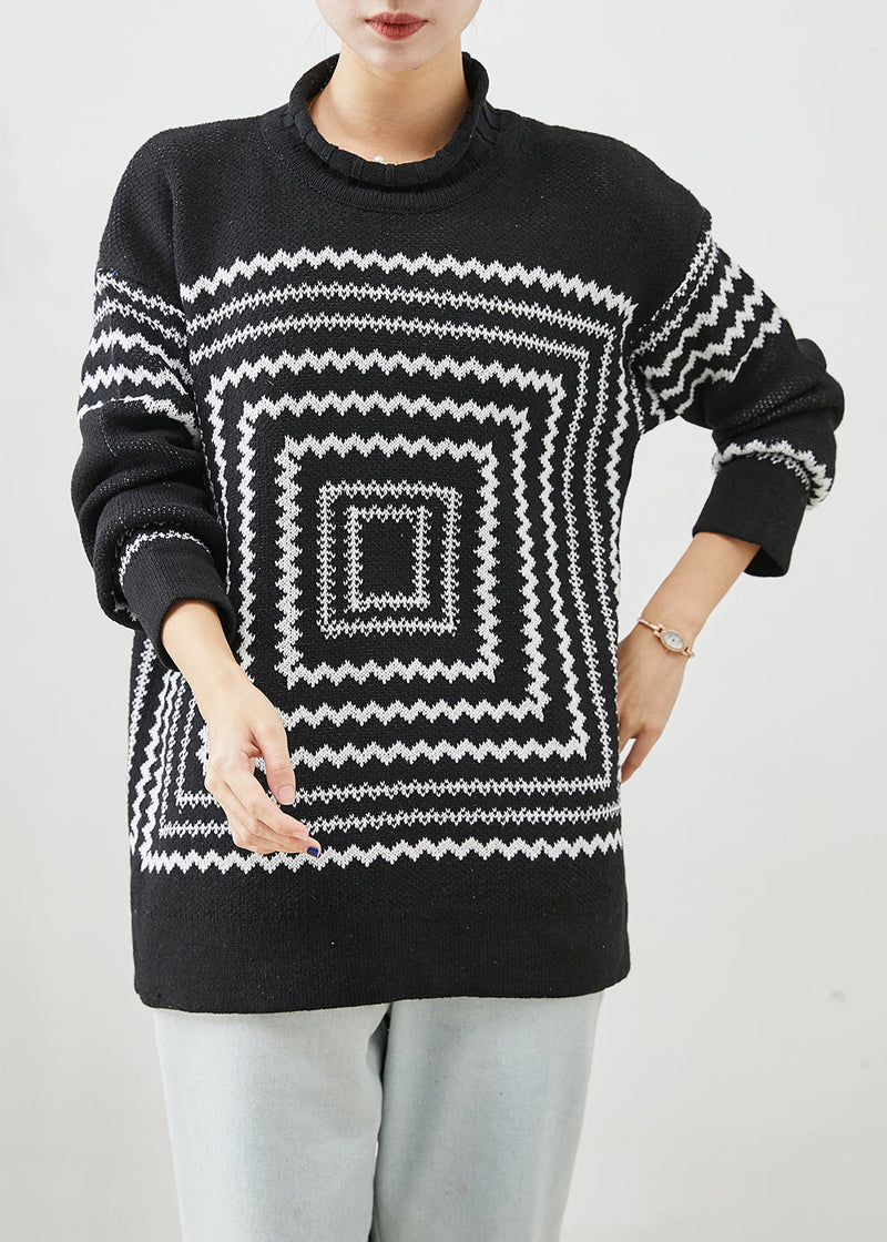 Black Oversized Print Knit Sweaters Winter