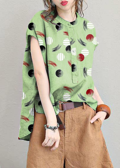 Unique O Neck Linen Tops Blouses Low High Design Clothing Green Polka Dots Shirt