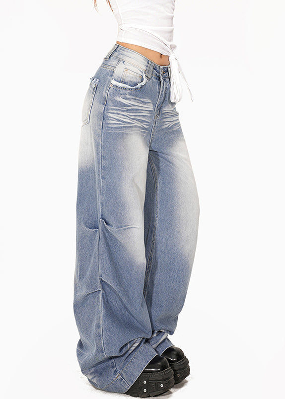 Light Blue Wrinkled Pockets Patchwork Wide Leg Jeans