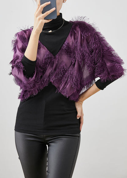 Purple Tasseled Patchwork Cotton Shirt Top Winter