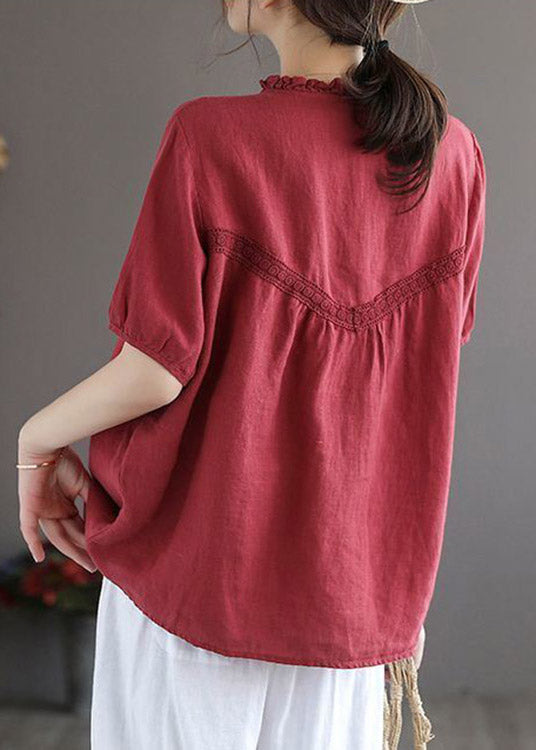 Art Red O-neck Embroideried Button Linen Shirt Lantern Sleeve