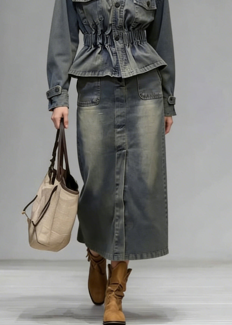 Boutique V Neck Wrinkled Denim Two Piece Set Clothing Spring