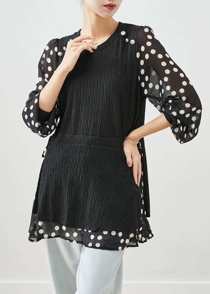 Black Cinched Patchwork Fake Two Piece Shirt Top Fall