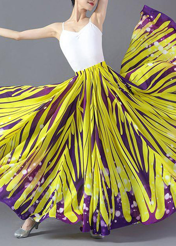 Yellow Striped Elastic Waist Chiffon a Line Skirts Summer