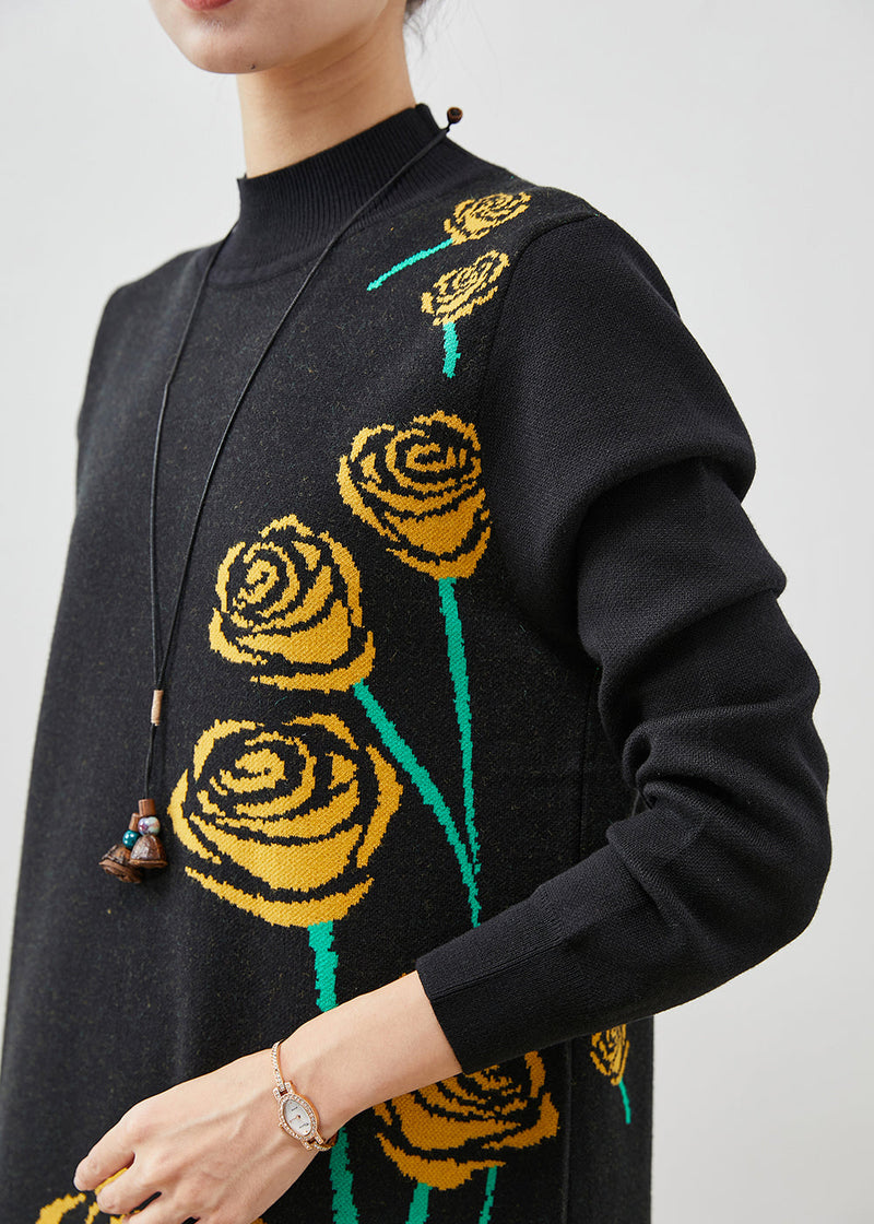Black Stand Collar Jacquard Knit Long Dress Spring