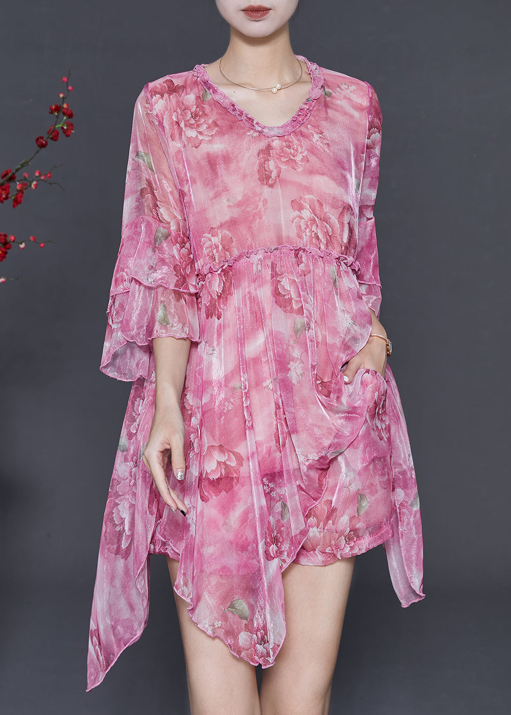 Rose Asymmetrical Print Chiffon Mini Dress Two Piece Set Summer