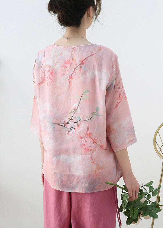 Pink V Neck Print Linen Shirt Top Half Sleeve