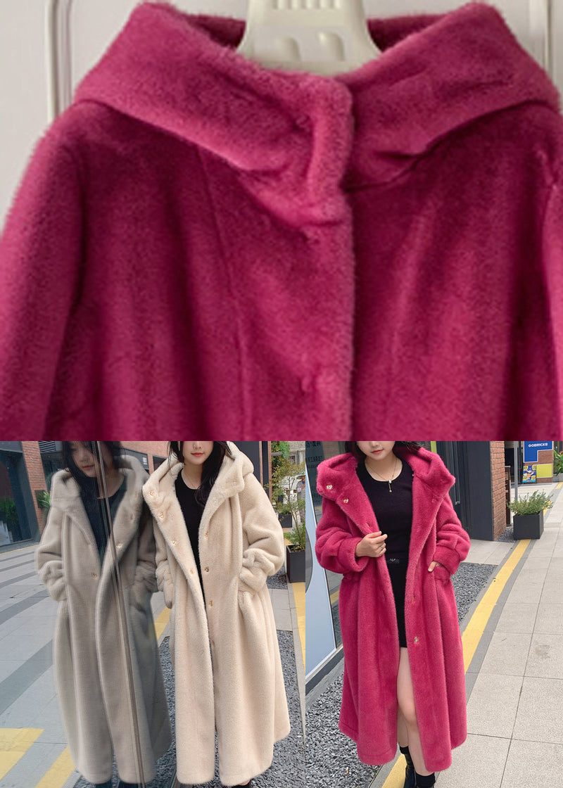 Red Pockets Mink Hair Knitted Hoodie Long Coat Winter