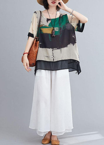 Green Print O-neck Two Pieces Set Summer Chiffon