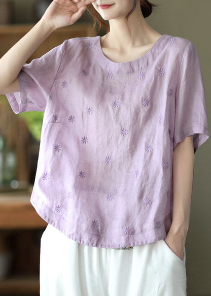Light Purple Embroideried Linen Shirts Short Sleeve