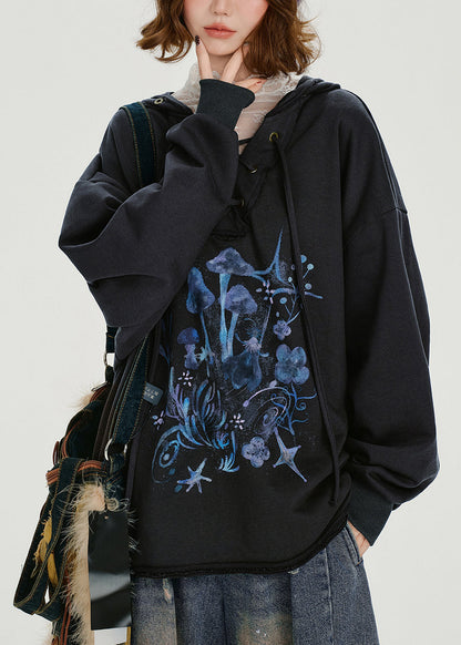 Dark Grey Hooded Print Cotton Pullover Sweatshirt Spring