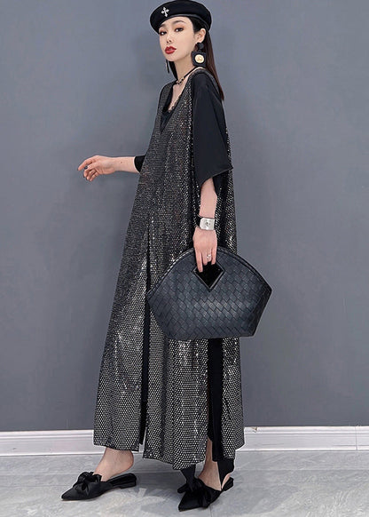 Unique Black V Neck Side Open Chiffon Long Dress and Sequins Long Smock Two Pieces Set Summer