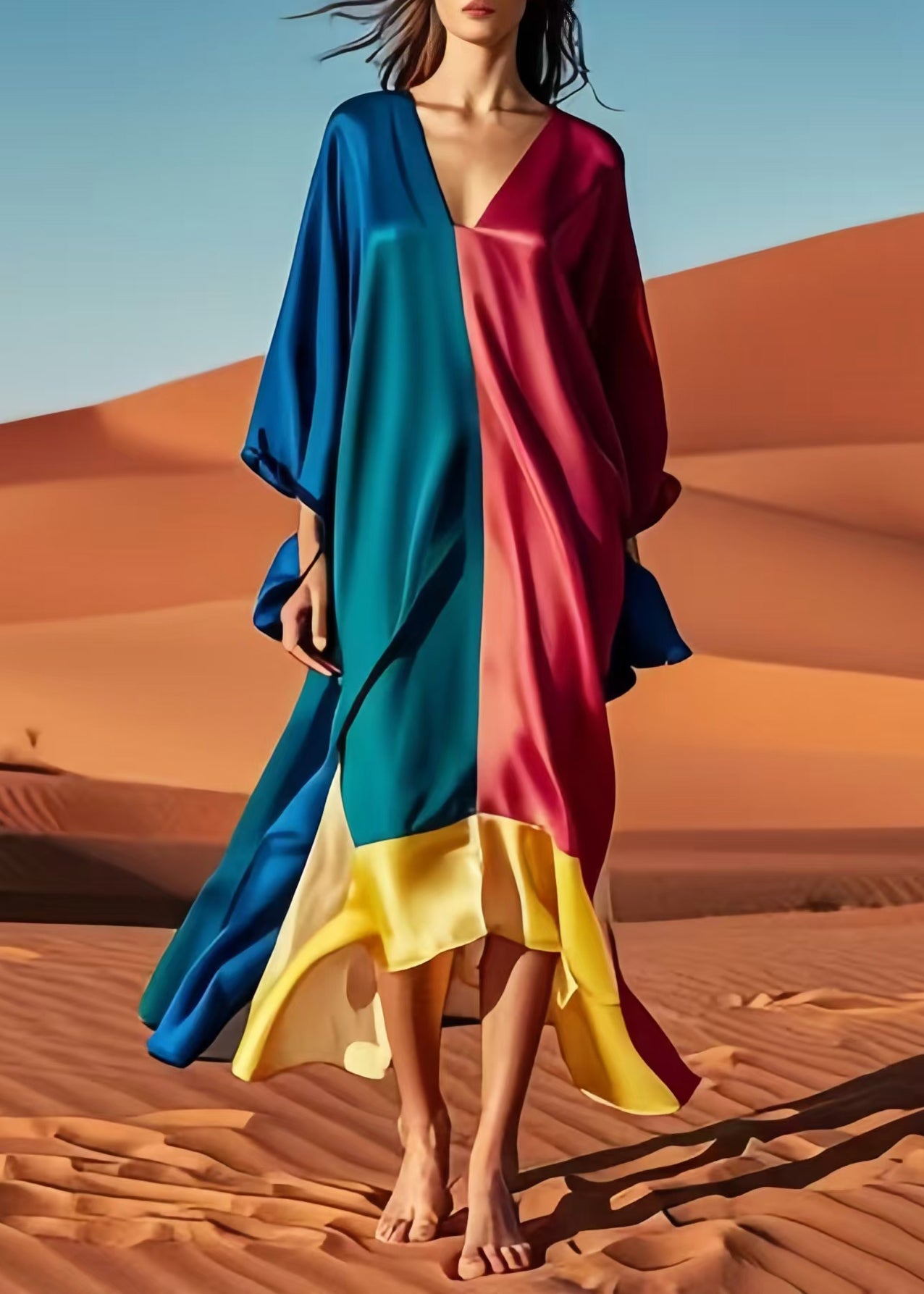 Original Design Colorblock Asymmetrical Patchwork Silk Vacation Dresses Fall