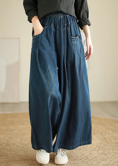 Blue Pockets Patchwork Wide Leg Jeans Spring