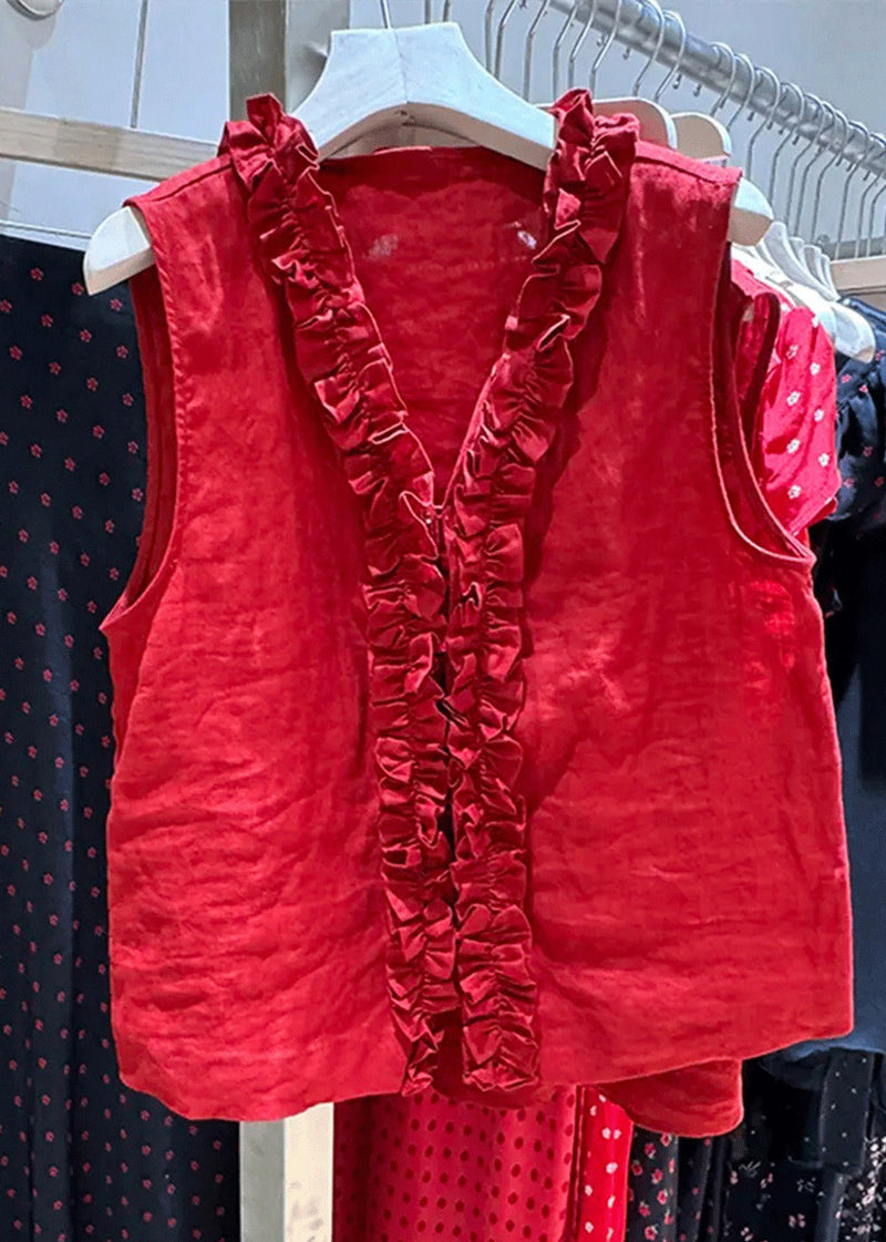 Simple Red V Neck Ruffled Cotton Blouse Top Sleeveless Fall