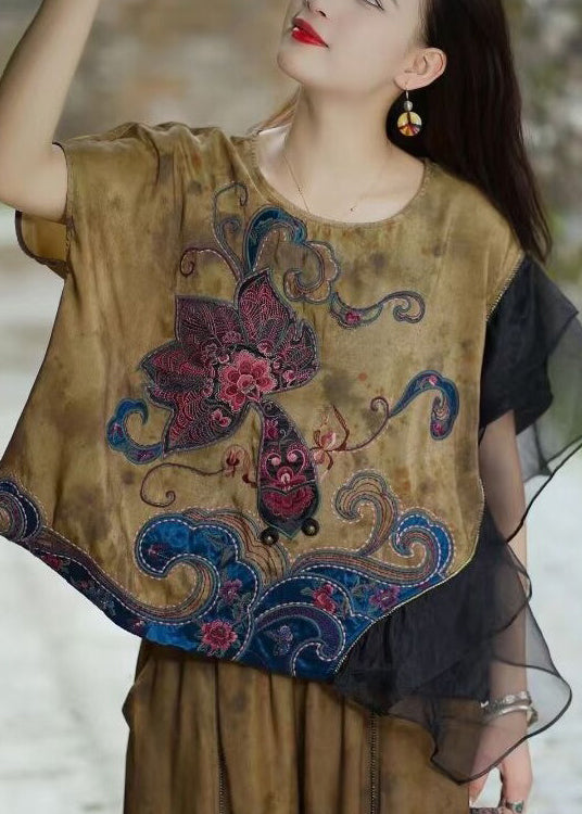Yellow O-neck Embroidered Cotton Top Summer