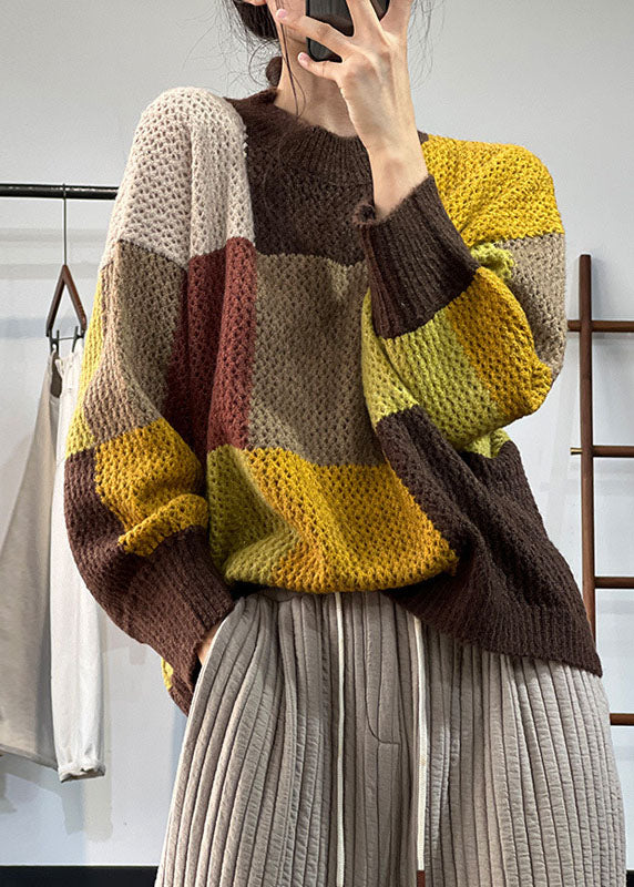 Boutique Khaki O-neck Thick Patchwork Knit Sweater Winter