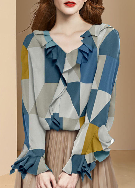 Colorblock V Neck Print Ruffles Chiffon Shirt Spring