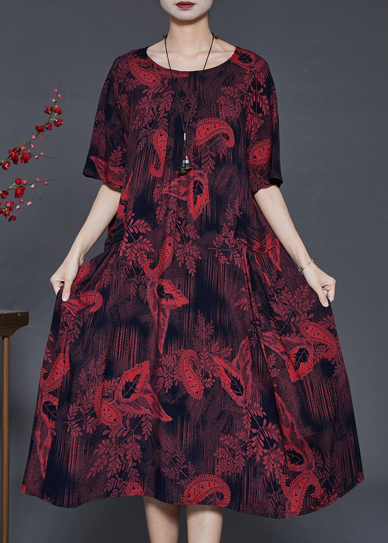 Classy Dull Red Print Pockets Cotton Long Dress Summer