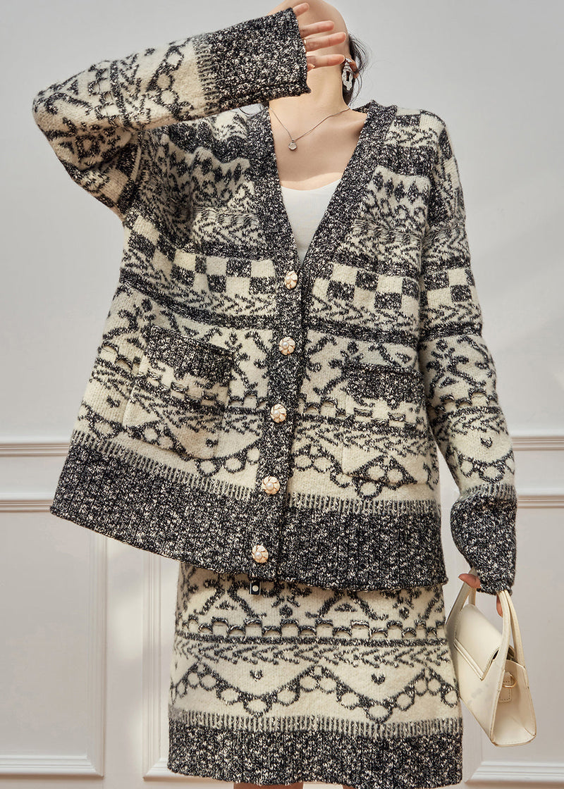 Jacquard Grey Button Pockets Coat and Skirts Knit Two Piece Set Winter