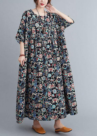Art Black Print Loose O-neck Summer Half Sleeve Dresses