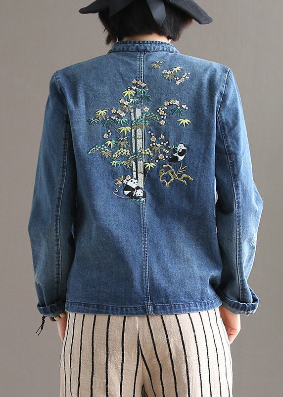 Blue Stand Collar Pockets Patchwork Button Denim Coats Fall