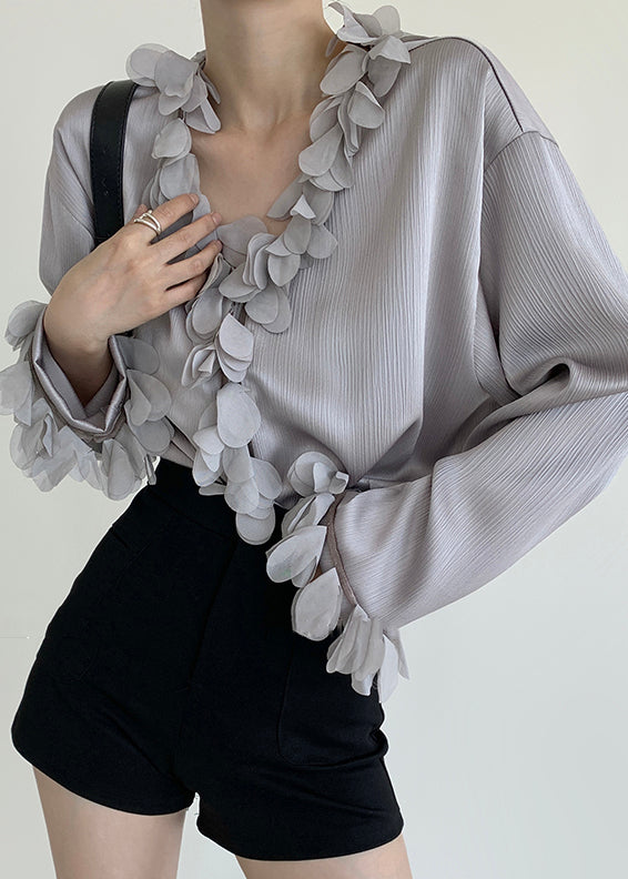 Grey Loose Cotton Blouses V Neck Petal Sleeve