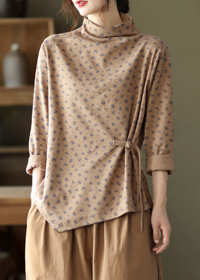 Diy Khaki Asymmetrical Print Cotton Top Long Sleeve