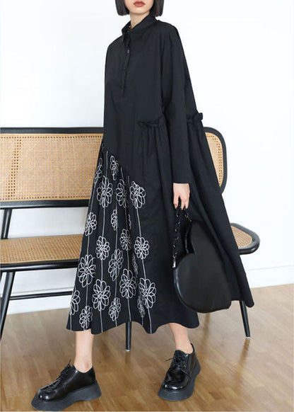 Black Button Patchwork Ruffled Fall Dress Long Sleeve