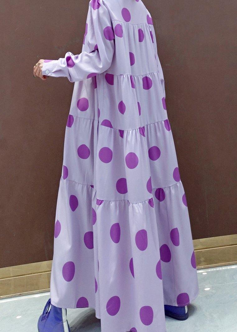 Unique Stand Collar Cinched Spring Outfit Photography Purple Dotted Loose Dresses