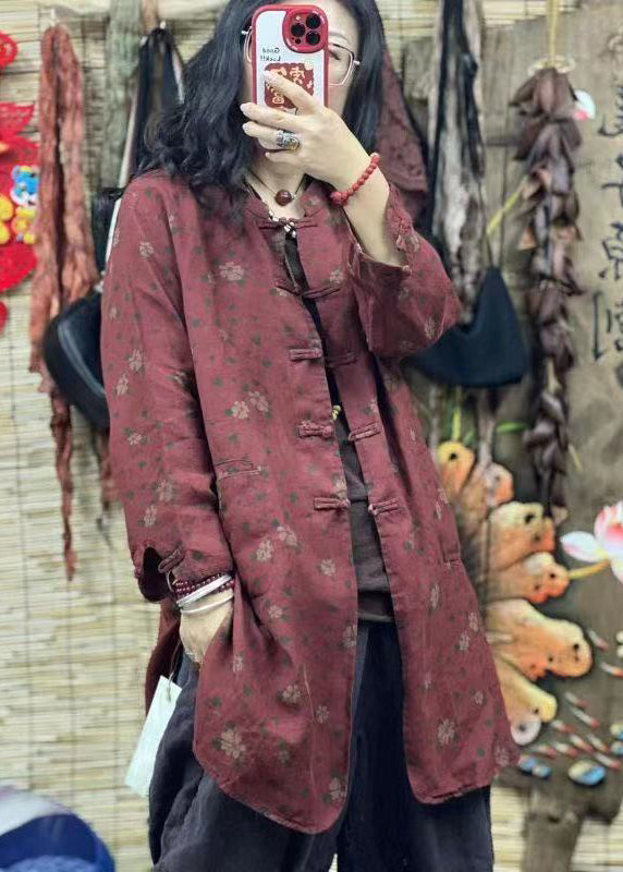 Colorblock Stand Collar Print Mid Linen Shirt Spring