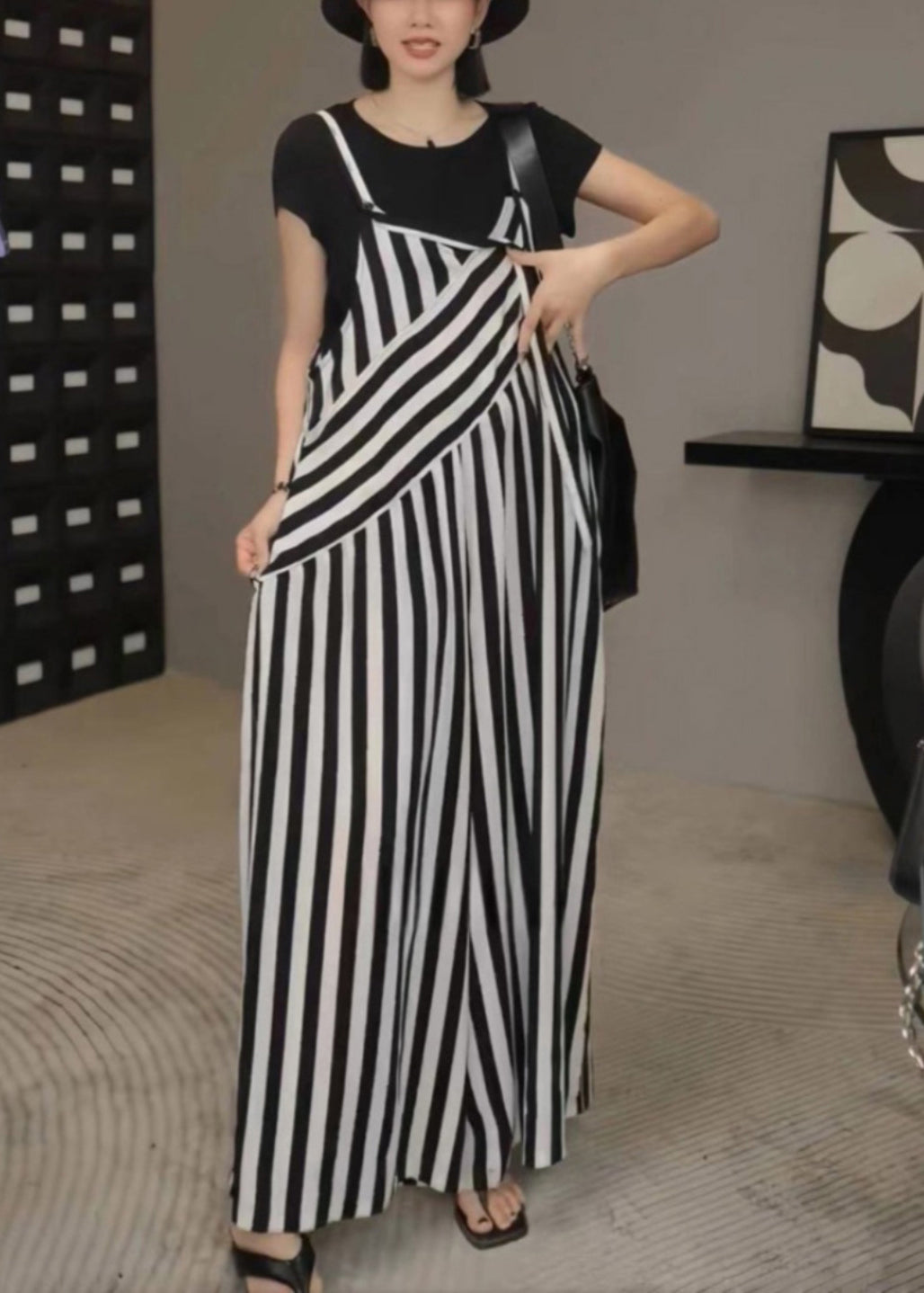 Black White Striped Oversized Wide Leg Pants Jumpsuits Spring