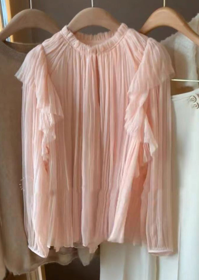 Pink Ruffled Patchwork Chiffon Tops Long Sleeve