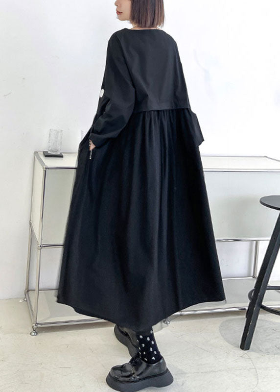 Art Black Pockets Patchwork Tulle Print Fall Vacation Dresses Long Sleeve