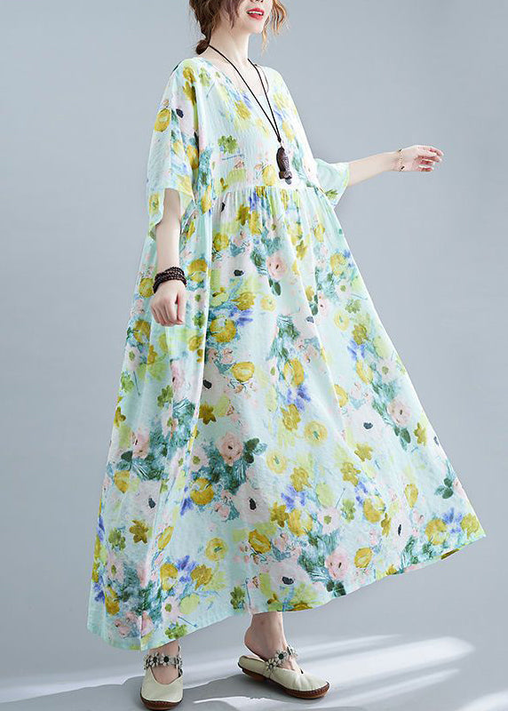 Green Oversized Print Cotton Maxi Dresses Summer