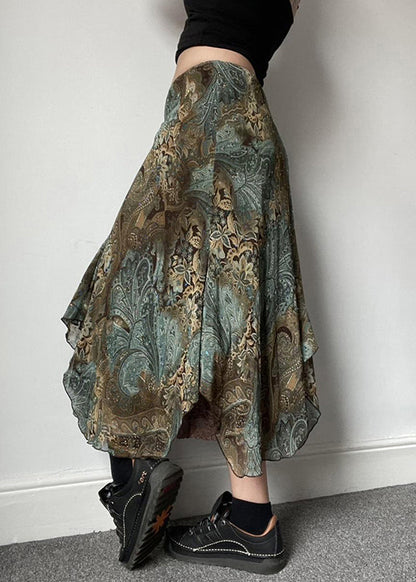 Green Print Lace Patchwork Skirts Summer
