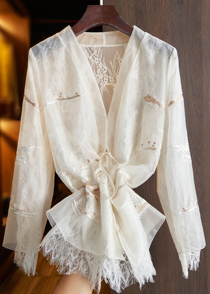 White Lace Up Printed Lace Patchwork Top Fall
