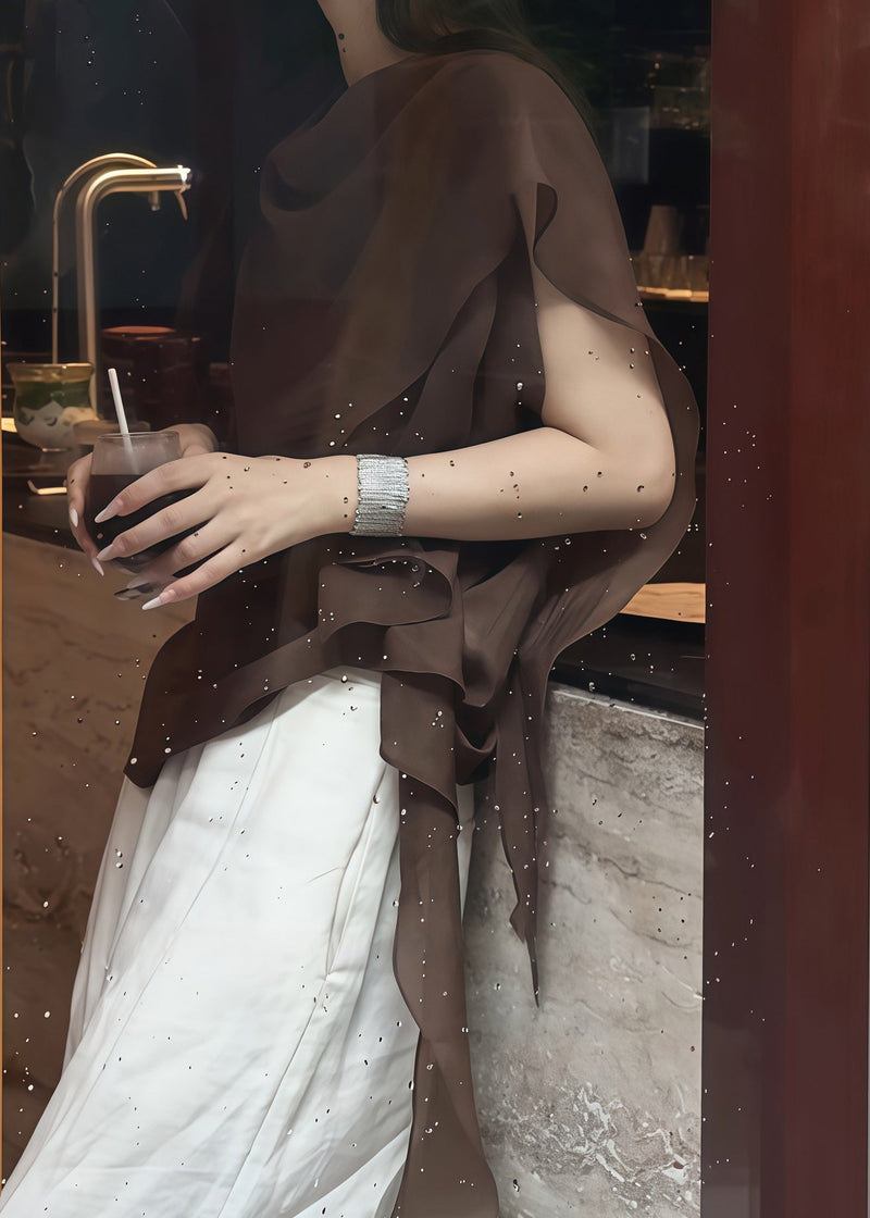 Brown Asymmetrical Chiffon Tank Tops Summer
