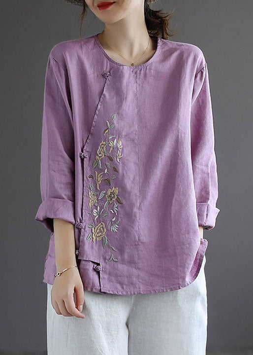 Purple Button O-neck Linen Tops Long Sleeve