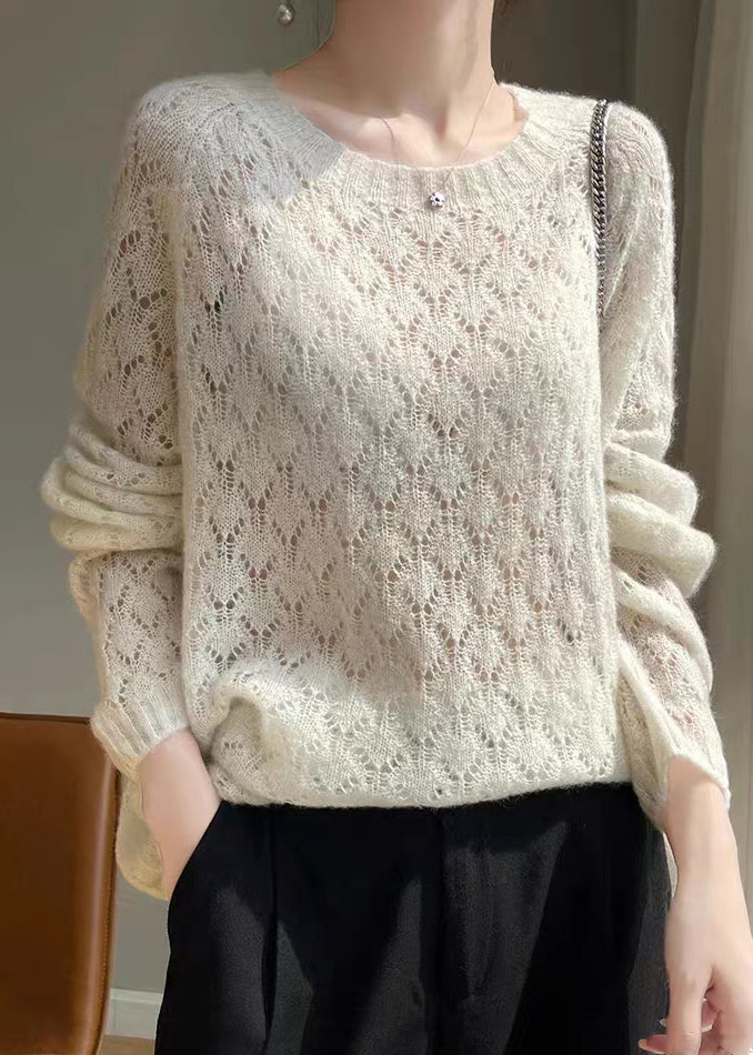 Apricot O Neck Hollow Out Patchwork Knit Top Fall