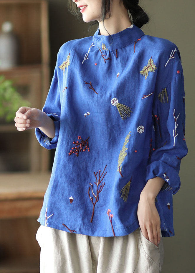 White Linen Stand Collar Shirt Top Long Sleeve