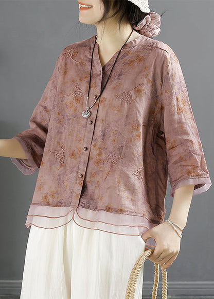 Chinese Style Yellow V Neck Embroideried Linen Shirt Top Summer
