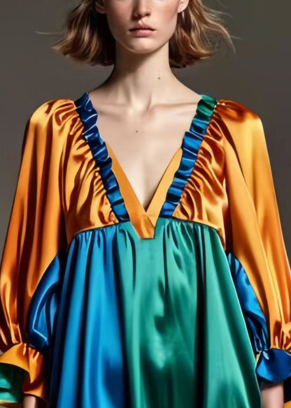 Brown Ruffled Patchwork Draping Silk Dress Spring